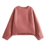 Yipinpay New Women Chalk Pink Oversize Boucle Sweatshirt O Neck Long Sleeve Female Autumn Winter Pullover Tops