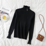 Yipinpay High Neck Knit Sweater Women's Autumn/Winter 2024 New Button Spliced Lace Fungal Edge Top Long Sleeve Slim Bottoming Shirt