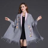 Yipinpay Winter Can Wear Shawl Scarf Dual-use Embroidery With Sleeves Wool Cashmere Thick Tassel Cloak Female