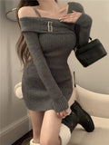 Yipinpay One Piece Dress Korean Fashion 2023 Winter Sexy Bodycon Y2k Mini Dress Woman Long Sleeve Solid Knitted Dress Slim Casual