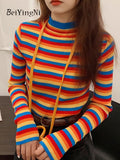yipinpay Spring Autumn Long Sleeve Knit Sweater Women Stripe Cute Hit Color Casual Pullover Tops Female Basic Ulzzang Jumper