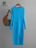 Yipinpay Autumn Skinny Knitted Dress Female O Neck Split Outerwear Fashion Korean Style Office Lady Solid Slim Sweater Dress