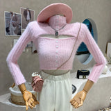 Yipinpay High Collar Sweater Women Slim Sexy Hollow Jumper Pullover Tops Crop Pink Sweaters Fur Button Knit Sueter Shirt