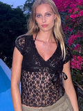 Yipinpay MO Women Summer Sexy Lace V Neck See Through Crop Tops Shortsleeve Bandage Slim T-shirt Tee Party Club Girls Sexy Vest