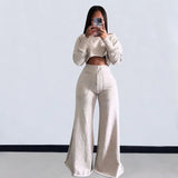 Yipinpay Fashion Women's Two-Piece Long Sleeve Short Top And Wide Leg Pantsuit Spring Solid Color Comfortable Ladies 2-Piece Set