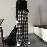 Yipinpay Women Sweatpants Fashion Black Plaid Casual Pants Baggy Elastic Waist Pockets Student Unisex Hip Hop Loose Trousers