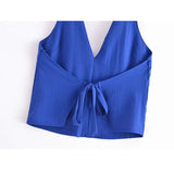 Yipinpay Black White Halter Top Female Tied Backless Crop Top Women Blue Sleeveless Sexy Tops Woman Fashion Off Shoulder Summer Tops