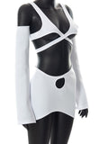 Yipinpay Sexy Womens Two-Piece Outfits Pure Color Split Long Sleeve Cutout Shoulder Backless Short Tops + Hollow-Out Skirt Streetwear