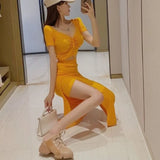 Yipinpay Women's Sexy Orange Drawstring T-shirt V Short Sleeve Top Summer 2023 New Cotton Slit Asymmetric Skirt Sets Wild