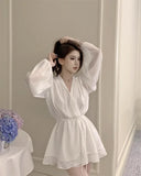 Yipinpay French Style Temperament Dresses Women Bandage V Neck Lantern Long Sleeve White Patchwork Summer New Elegant Dress