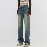 Yipinpay Retro Blue Washed Bootcut Jeans For Women Y2k Fashion High Waisted Wide Leg Pants Female Bottoms Cotton Denim Trousers