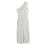 Yipinpay Elegant Women White Draped Asymmetric Midi Dress Party Vestidos