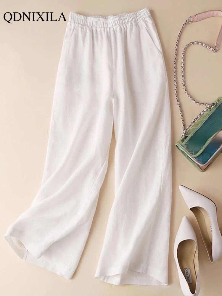 Yipinpay Summer Cotton Linen Women's Wide Leg Pants High Waist Solid Woman Capris Pants Saggy Casual Loose Oversize Flared Trousers