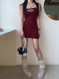 Yipinpay Red Sexy Bodycon Dress Women Korean Fashion Vintage Preppy Summer Slim Sleeveless Casual Spaghetti Strap Mini Dress