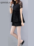 Yipinpay Summer Oversized Lace Cute Sweet Women Shorts Set Fashion Dot Short Sleeve Slim Sling Dress Wide Leg Shorts 2-piece Set