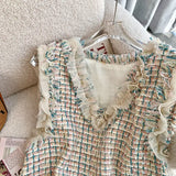 Yipinpay Tweed Vest Slim Crop Tops Autumn Colete Feminino V Neck Knitted Plaid Vest Sweater French Waistcoat Ruffled Blouse