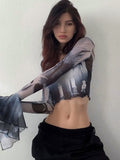 yipinpay T-Shirt Mesh Top Sexy Print Crop Top Party Club Outfits Transparent Tops Streetwear Clothes Long Sleeve Tee Women