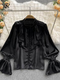 Yipinpay High Quality Satin Loose Shirt Long Flared Sleeves Ruffles O Neck Beading Women Gentle Office Lady Casual Blouse