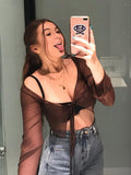 yipinpay Top Women See Through Blouses Green Shirts Long Sleeve Crop Top Club Party Slim Brown Tie Up Mesh Top Streetwear Clothes