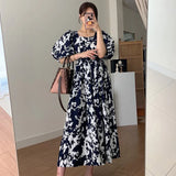 Yipinpay Square Blue Ink Dress Women Backless Lace Up Vintage Maxi Dresses Vestidos De Mujer Elegant Lantern Short Sleeve Print