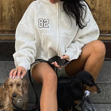 Yipinpay Loose Zip Up Hoodies Women Autumn Winter Embroidery White Hood Shirt Y2K Harajuku Streetwear Jacket Vintage Sweatshirts