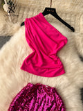 Yipinpay Hotsweet Women Fashion Suits Diagonal Collar Slim Tops+Mini Sequins Fur Skirt New Ins Club Party Sexy Two Pieces Sets
