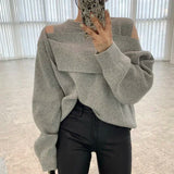 Yipinpay Korean Chic Women Sweater Elegant Hollow Out Off Shoulder Patchwork Loose Knitted Tops Office Lady Fashion Pullover