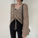 Yipinpay Women Spring College Cropped Lace Up Chic Khaki Pure Hollow Out Knitwear All-match Trendy Mujer Simple Aesthetic White