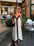 Yipinpay V-Neck Suspender Maxi Dress For Women Elegant Sexy Summer Sling Beach Dress Female Backless Contrast Color Vacation Dresses