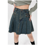 yipinpay Women's Vintage Blue Denim Half Body Skirt Zipper Pleated High Waist Casual Fashion Baggy A-Line Jean Short Skirt Ladies Summer