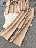 Yipinpay Office Lady Three Pieces Suits Loose Belt Cardigan+Tank Tops+Drawstring Wide Legs Long Pants Autumn Fashion Solid Sets