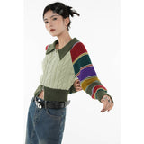 yipinpay Women Green Stripe Short Sweater POLO Collar Color Contrast Fashion Retro Lazy Wind Winter Long Sleeves Knitting Cardigan Coat