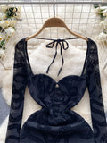 Yipinpay Sexy Mesh Backless Dress Square Collar Lace Up Long Sleeves Print Hollow Out Women Fashion Slim Fit Club Bodycon Dress