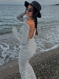 Yipinpay Backless Zebra Printed Maxi Dress Women Striped Long Sleeve High Waist Contrast Slim Party Dress Elegant Patchwork Dress