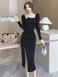 Yipinpay French Style Elegant Dresses Women Sexy Long Sleeve Slash Neck Slim Solid Vintage Dress Ladies Sexy Split Autumn Fashion