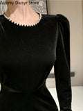 Yipinpay Velvet Black Midi Dress Women Elegant Chic Designer Long Sleeve Dress Sexy Casual Evening Party Formal Occasion Dress New
