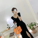 Yipinpay All-match Summer Khaki V Neck Side Pleated Split Dress Women Modal Cotton Slim High Waist Mid Black Tshirts Vestido