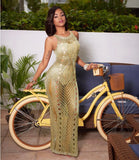 Yipinpay Craft Sexy Women's Round Neck Sleeveless Hollow Skirt Solid Color Fashion Perspective Beach Slim Cut Dress Party Clothing