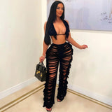 Yipinpay Women's Sexy Solid Color Fringe Knitted Halter Cup Cover And Cutout Trousers Two-Piece Set Summer Fashion Trend Trouser Suit