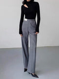Yipinpay Gray High Waist Pants Women Pleated Casual Floor-Length Trousers Black Office Lady Elegant Letter Chic Pants Spring