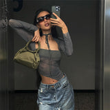 yipinpay Top Long Sleeve T Shirt Women Crop Top Square Neck T-shirts Summer Clothing Solid Streetwear Tops Tees See Through Mesh Top