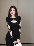 Yipinpay Girl O-Neck Long-sleeved Dress Women's Autumn/Winter Hollow Out Slim Fit Sexy Wrapped Hip Knitted Dress Female Clothes
