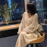 Yipinpay Early Spring New Mid Length Hollow Knitted Cardigan Women's Lazy Style Outwear Sweater Coat Sun Protection Top