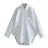 Yipinpay Summer Women Oversized Poplin Blouses Shirt 2023 Causal Turn-Down Collar Tops Vintage Single Breasted Pockets T-Shirts