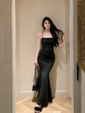Yipinpay Elegant Dresses Women Party Sleeveless Slash Neck French Style Chic Mermaid Dress Ladies Solid Stretch Sexy Temperament