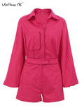 Yipinpay Rose Pink Patchwork Cotton Linen Shorts Sets 2 Pieces Fashion Lady Lantern Sleeve Blouses Office Outfits Short Suits