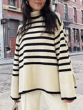Yipinpay Winter Women¡¯s Long Sleeves Knit Sweater Turtleneck Striped Print Loose Pullover Tops 2024 New Autumn Oversized Sweater