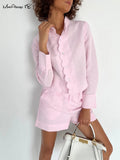 Yipinpay Pink Cotton Shorts Sets Woman Two Piece Elegant Stand Collar Shirts And Hot Pants Suits With Shorts Office Lady 2023