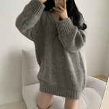 Yipinpay Winter Knitted Sweaters Women Oversized Simple Loose V-neck Pullovers Korean Fashion Solid Jumpers Tops Female Pull Femme