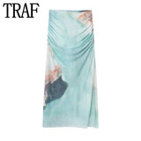 Yipinpay Print Tulle Skirt Woman High Waist Mesh Midi Skirt With Slit Ruched Stylish Long Skirts For Women Fashion 2023 Summer Skirt